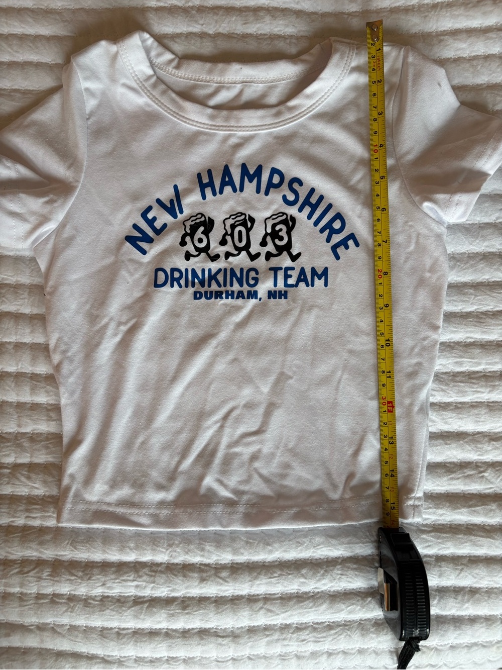White Crop Top with Blue 'New Hampshire Drinking Team' Graphic